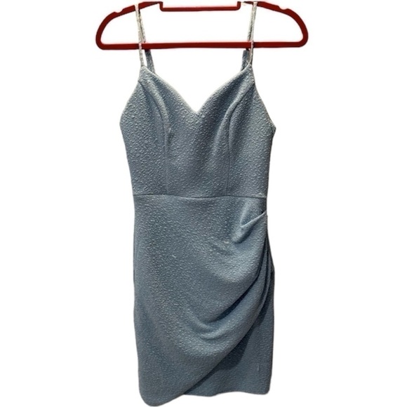 Midnight Doll Low Back Wrap Dress Glitter Pleated, Tie Back Faux Wrap Mini Dress - Picture 2 of 9